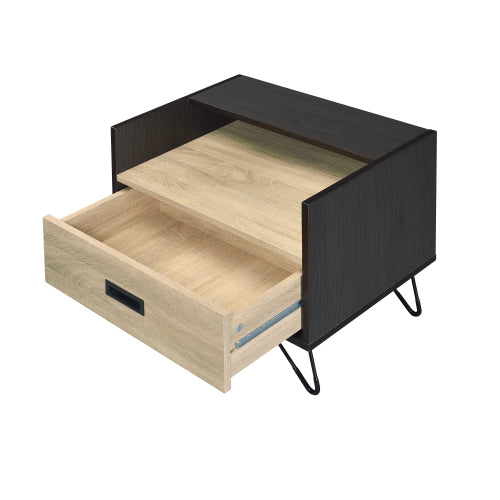 Oak & Black 1-Drawer Nightstand with Hairpin Legs