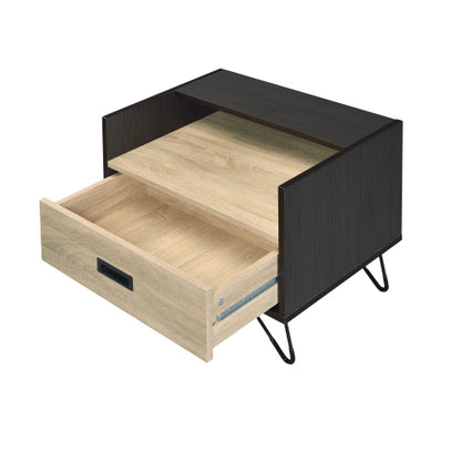 Oak & Black 1-Drawer Nightstand with Hairpin Legs