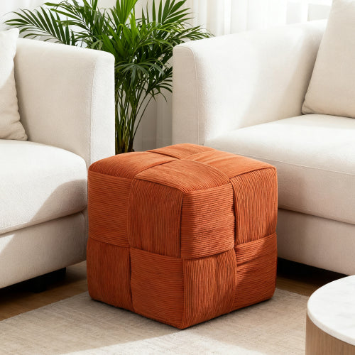 Brown Corduroy Ottoman Footstool with Square Woven Design