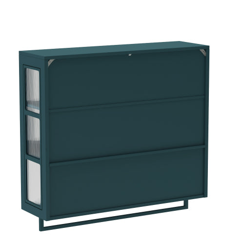 Bathroom Wall Cabinet, 3-Door Wooden Wall Cabinet with Open and Hidden Storage Space, Medicine Cabinet with Glass Door and Towel Bar for Entryway Living Room Bathroom Dining Room,Dark Green