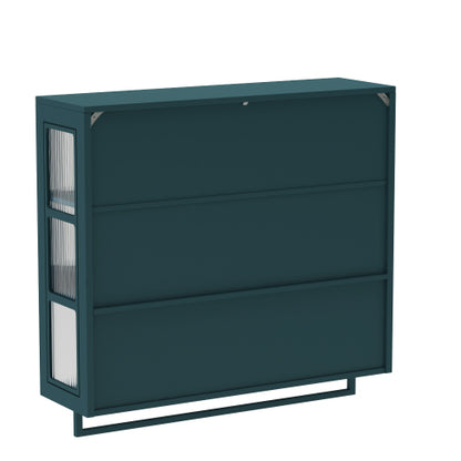 Bathroom Wall Cabinet, 3-Door Wooden Wall Cabinet with Open and Hidden Storage Space, Medicine Cabinet with Glass Door and Towel Bar for Entryway Living Room Bathroom Dining Room,Dark Green