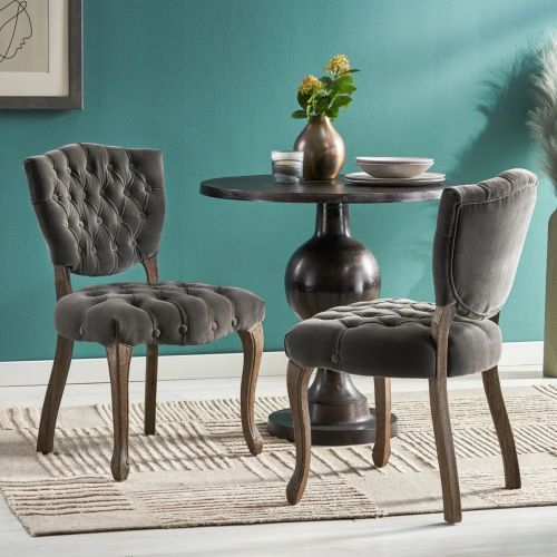 Tufted Velvet-Look Dining Chairs with Carved Wood Legs, Set of 2, Charcoal