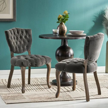 Tufted Velvet-Look Dining Chairs with Carved Wood Legs, Set of 2, Charcoal