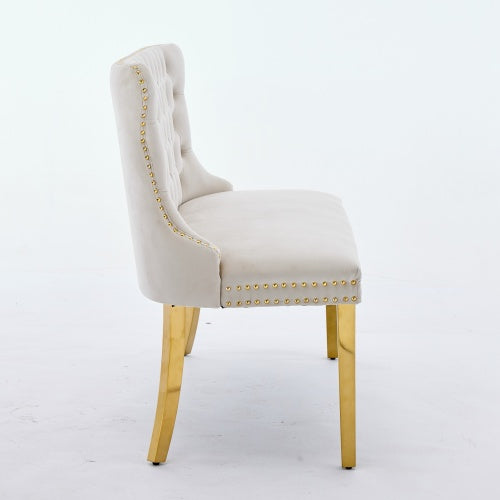Velvet Double Dining Loveseat Bench, Kitchen & Dining Seating, 2-Seat Tufted Bench w/Handmade Buttons, Wing Back, Gold-Plated Steel Legs, Mid Century Modern,Single Pack,Beige