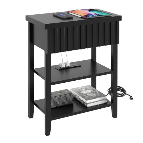 Black Fluted Nightstand with Charging Station