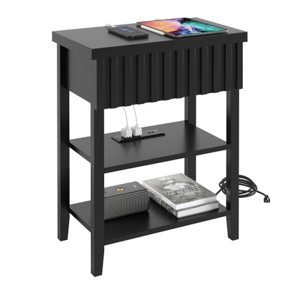 Black Fluted Nightstand with Charging Station