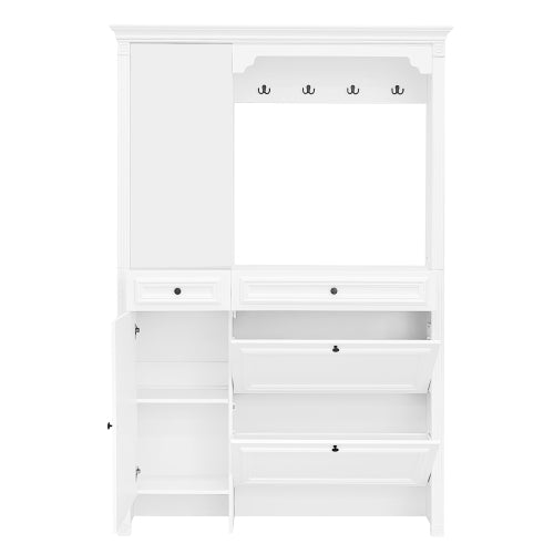 54.7 inch Hall Tree with Integrated Shoe Cabinet and Mirrored Cabinet Door, Coat Hanger, Entryway Bench, 4-in-1 Design, 2 Flip Drawers, 4 Hooks and 2 Cabinets for Entrance,Living Room
