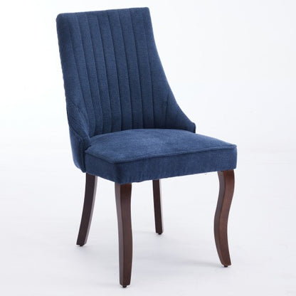 Set of 2 Blue Rayon Flocking Linen High Back Dining Chairs, Curved Solid Wood Legs Adjustable Leveling Feet