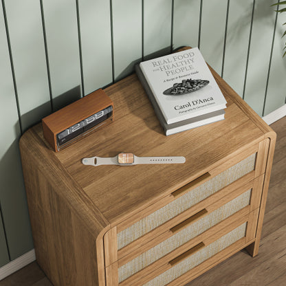Rattan Nightstand with 3 Drawers, 22.8inch  Wide Curved Wooden Bedside Table, Modern Storage for Bedroom, Caramel Oak.