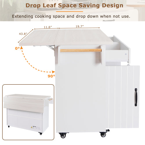 Kitchen Island Cart with Trash Storage Drop Leaf and Adjustable Shelves White