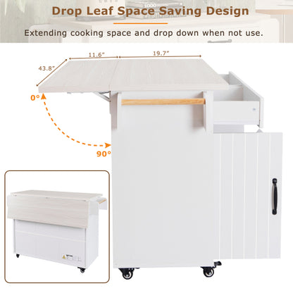 Kitchen Island Cart with Trash Storage Drop Leaf and Adjustable Shelves White