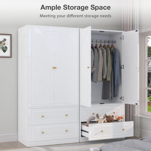 Armoire Wardrobe Closet, Wooden Cloth Storage Organizer with 2 Storage Drawers and Removable Hanging Rods, White