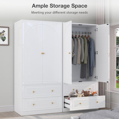 Armoire Wardrobe Closet, Wooden Cloth Storage Organizer with 2 Storage Drawers and Removable Hanging Rods, White