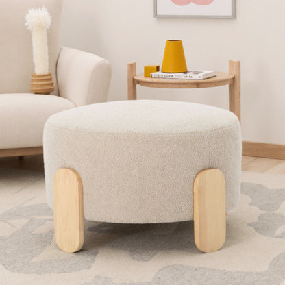 24.8 inch Round Soft Fabric Ottoman, Natural Wood Leg Multifunctional Footrest Extra Seat for Home Office