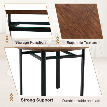 Round Wood Grain Dining Table with Glass Inlay & Glass Shelf