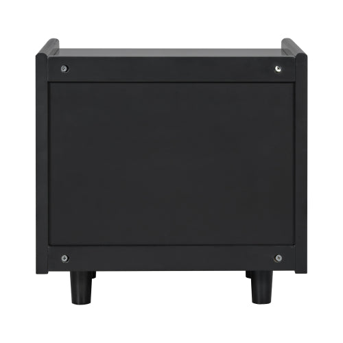 Black Nightstand with Rattan Detail, MDF + Solid Wood, Modern Bedroom Storage, Open Shelf & Drawer, Indoor Furniture