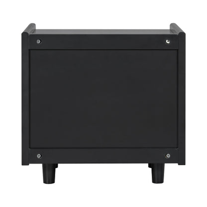 Black Nightstand with Rattan Detail, MDF + Solid Wood, Modern Bedroom Storage, Open Shelf & Drawer, Indoor Furniture
