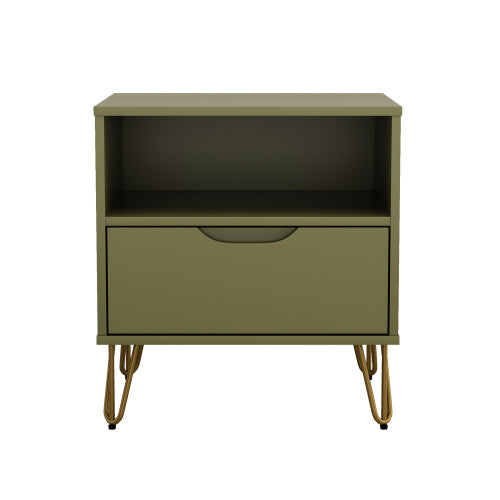 Olive Green Nightstand with Drawer & Metal Legs