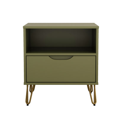 Olive Green Nightstand with Drawer & Metal Legs
