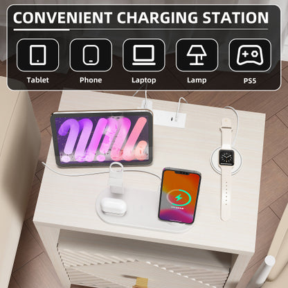 Beige Charging Station Nightstand, 19.68inchW*17.16inchD*25.2inchH