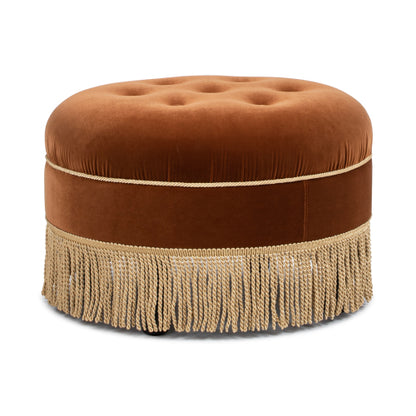 24 inch Burnt Orange Performance Velvet Round Ottoman, Vintage Fringe Accent Stool, Handcrafted Hardwood Frame