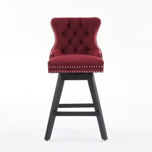 Swivel Velvet Barstools with Button Tufted Decoration and Wooden Legs, and Chrome Nailhead Trim, Leisure Style Bar Chairs,Bar stools, Set of 2 (Wine Red)