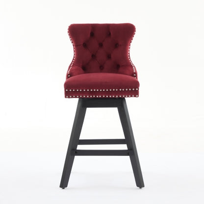 Swivel Velvet Barstools with Button Tufted Decoration and Wooden Legs, and Chrome Nailhead Trim, Leisure Style Bar Chairs,Bar stools, Set of 2 (Wine Red)