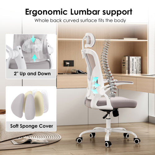 Ergonomic Office Chair, Home Office Desk Chair with Headrest, High Back Computer Chair with Armrests and Adjustable Lumbar Support for Home Office Study Room,White & Gray