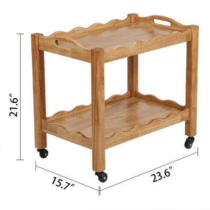 Solid Rubberwood Rolling Side Table, 2-Tier with Lockable Wheels & Removable Tray, Sturdy Durable for Bar Cart, Nightstand, End Table, Sofa Table