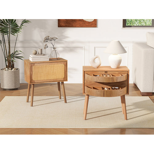 Rotating Hidden Compartment Nightstands, Mid Century Modern Concealment Furniture, Rattan Bed Side Table, Compartment End Table with Wood Legs, Bedside Tables for Bedroom, Living Room, Dorm, Natural