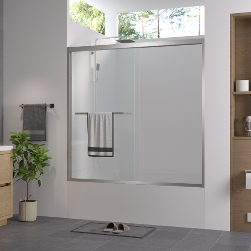56-60"x58" Aluminum Frame Double Sliding Bathtub Screen, Bypass Bathroom Sliding Door with Premium 1/4" (6mm) Clear Tempered Glass, Chrome Hardware Sliding Glass Shower Enclosure,Chrome Finished