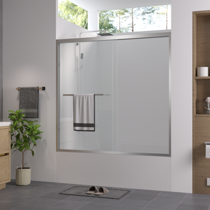 56-60"x58" Aluminum Frame Double Sliding Bathtub Screen, Bypass Bathroom Sliding Door with Premium 1/4" (6mm) Clear Tempered Glass, Chrome Hardware Sliding Glass Shower Enclosure,Chrome Finished