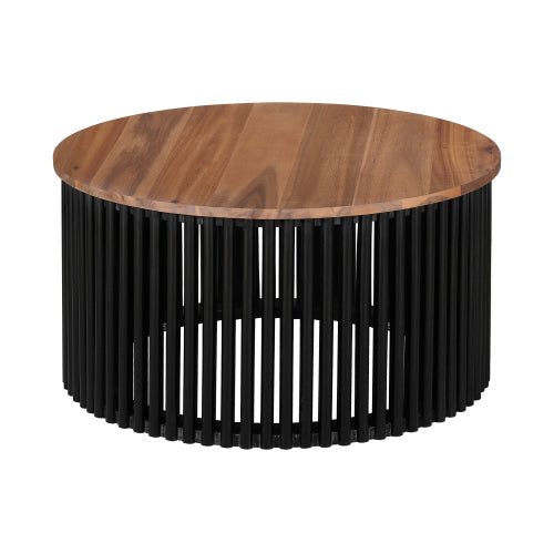 30inch  Acacia Solid Wood Round Coffee Table, Natural & Black Floating Top Accent Table