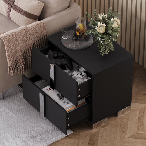 Modern End Table with Drawers, Elegant Nightstand with Metal Foot,Wood Bedside Table with Mirrored Metal Handles,Sofa Side End Table for Bedroom Living Room Office,Black