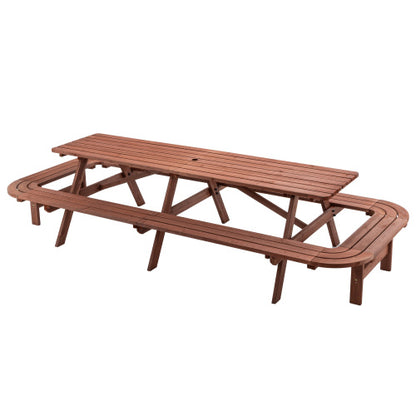 Brown Picnic Table with Benches for 14-16 Persons, Nearly 8-Foot Long Outdoor Wooden Rectangle Table for Patio, Garden, Backyard, Large Outside Dining Set with Umbrella Hole