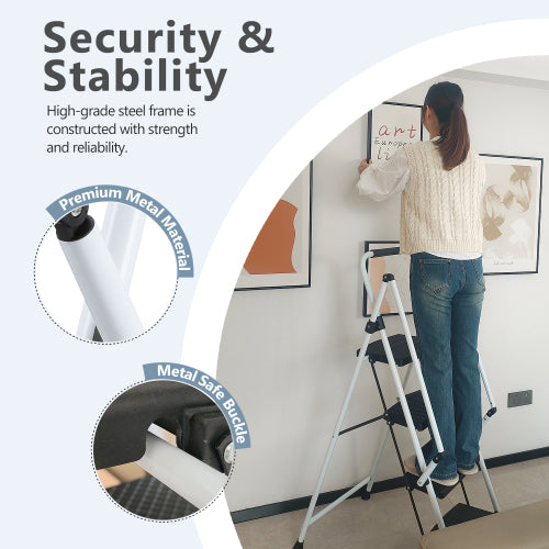 ladder, folding ladder stool, with anti slip wide pedals, steel ladder, with safety anti slip handle, lightweight 330 pound portable steel ladder stool in White 5 steps