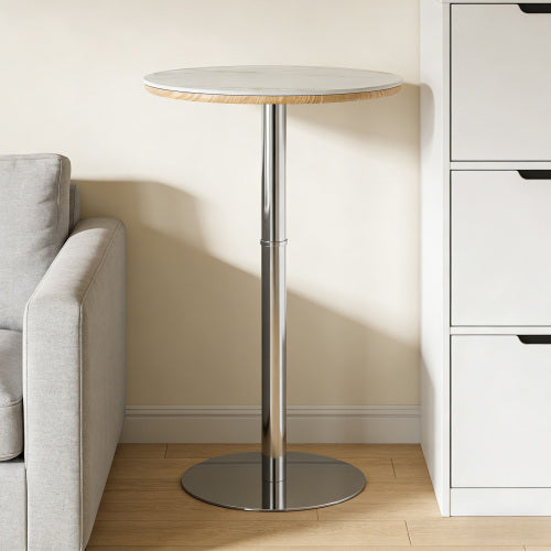 Rock slab circular tabletop non adjustable (39 inches high) bar table, bar table with silver legs and base (white)