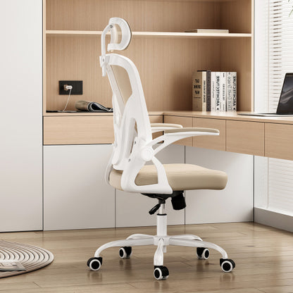 Ergonomic Office Chair, Home Office Desk Chair with Headrest, High Back Computer Chair with Armrests and Adjustable Lumbar Support for Home Office Study Room,White & Khaki