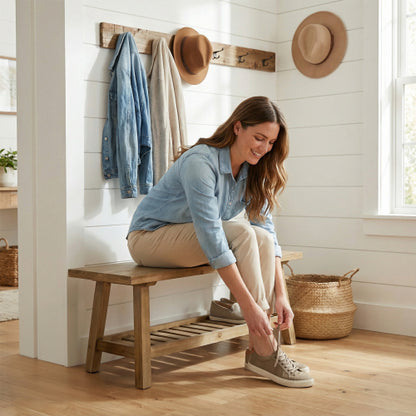 43inch  Farmhouse Wood Bench, 2-Tier Entryway Bench, Narrow Rustic Storage Bench with Open Storage Shelf for Entryway, Hallway, Living Room, Bedroom, Kitchen, Dining (Distressed Wood Color)