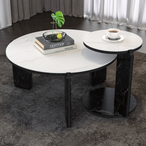 Set of 2 Round Nesting Coffee Tables, White Sintered Stone Top & MDF Frame, 32.68inch +16.93inch  for Small Spaces