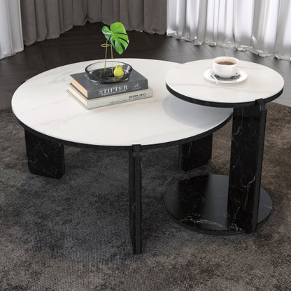 Set of 2 Round Nesting Coffee Tables, White Sintered Stone Top & MDF Frame, 32.68inch +16.93inch  for Small Spaces