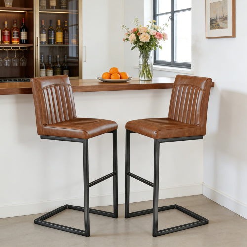 Back Brown Faux Leather Bar Stool ¨C Sturdy Black Metal Frame & Padded Seat, Stylish Seating for Kitchen Island, Home Bar & Dining Counter,2 Sets
