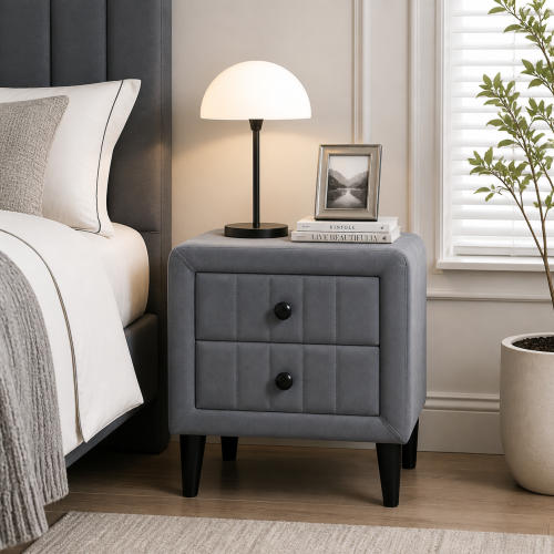 Gray Velvet Upholstered 2-Drawer Nightstand, Wood Frame & Black Legs, 20inchW