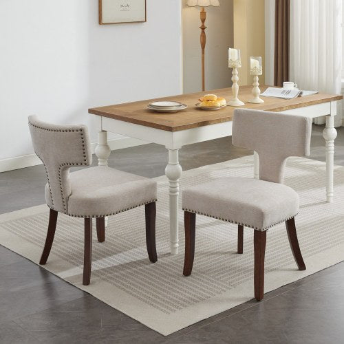 Curved Back Linen Upholstered Wood Dining Chairs, Set of 2, Beige