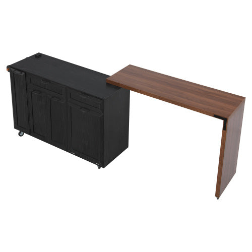 102 Inch Kitchen Island with Extendable Dining Table & Trash Storage Black