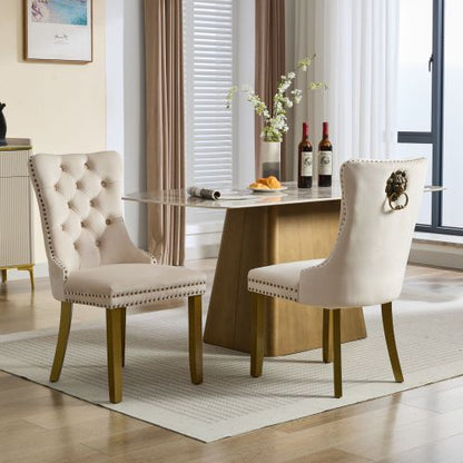 Mid-Century Modern Velvet Dining Chairs Set of 2 with Lion Head Pull Ring, Tufted Upholstered Chair, Beige