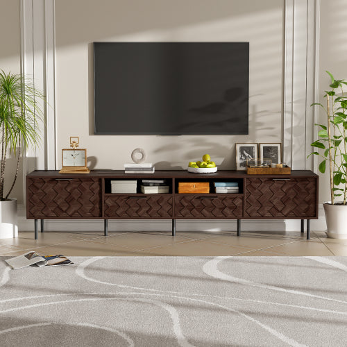 78.7 inch Walnut 3D Diamond Texture TV Stand Heavy Iron Leg Media Console Fits 85 inch TV