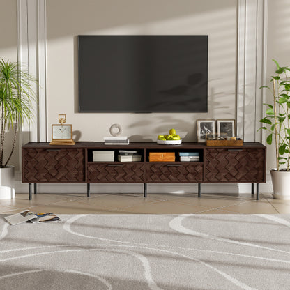 78.7 inch Walnut 3D Diamond Texture TV Stand Heavy Iron Leg Media Console Fits 85 inch TV