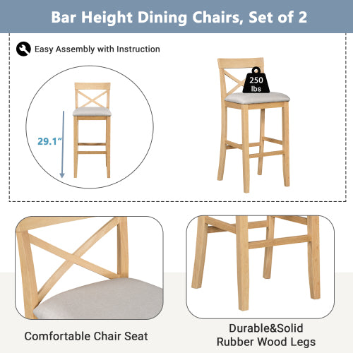 Farmhouse 48inch Rectangular Wood Bar Height Dining Set Kitchen Breakfast Nook with 2 Chairs for Small Places,Natural+Beige