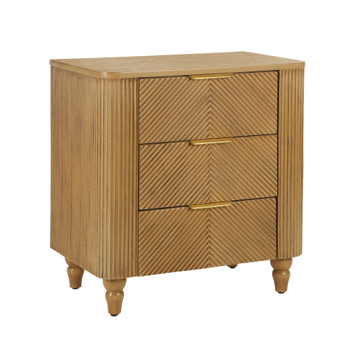 Mid-Century Fluted 3 Drawers Nightstand, Bedside Table with Curved Profile Design and Wide Gold Glossy Handles, End Table for Living Room, Bedroom, Easy Assembly, Natural